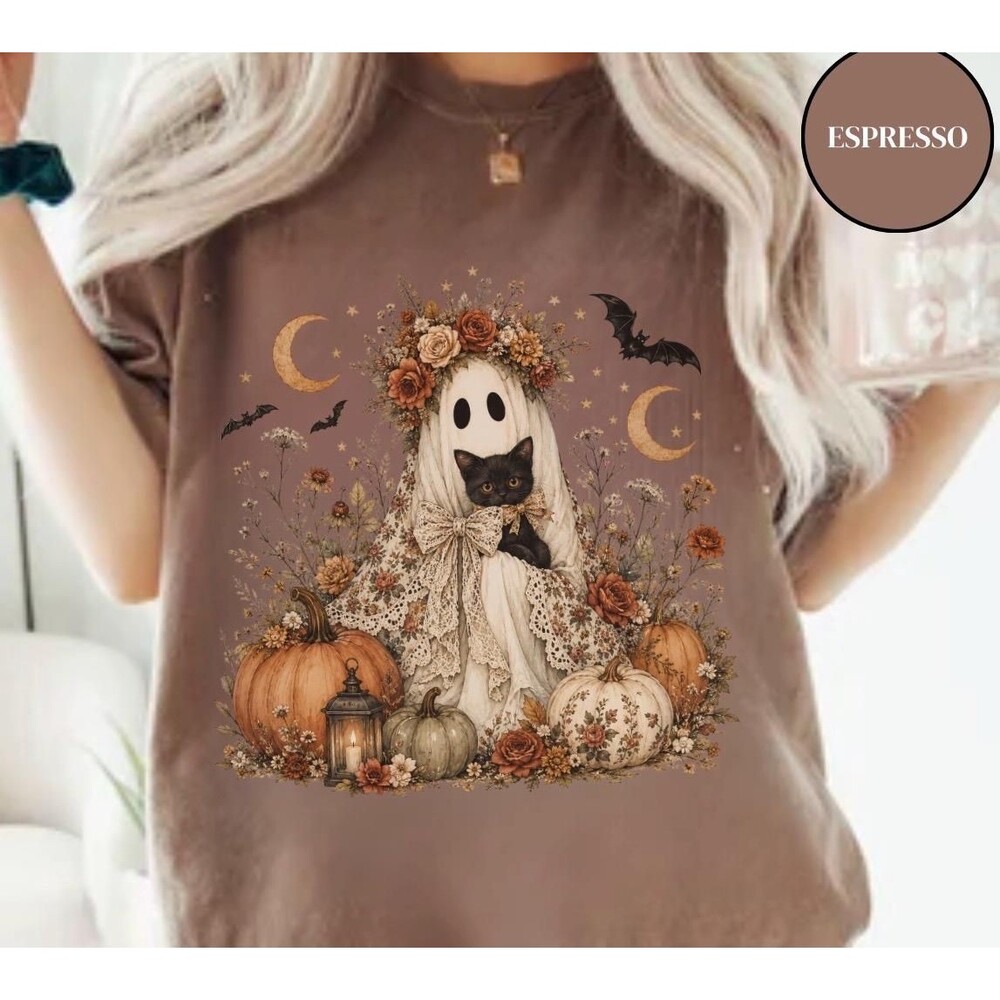 Ghost Cat Halloween Shirt Comfort Colors Vintage Boho Flowers Pumpkin Fall Shirt